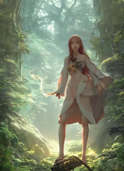 Image similar to breathtaking portrait of fantasy sorceress bright temple surrounded by lush forest meadow, by Hsiao-Ron Cheng and James jean and Miho Hirano and Hayao Miyazaki, octane render, RPG portrait, ambient light, dynamic lighting