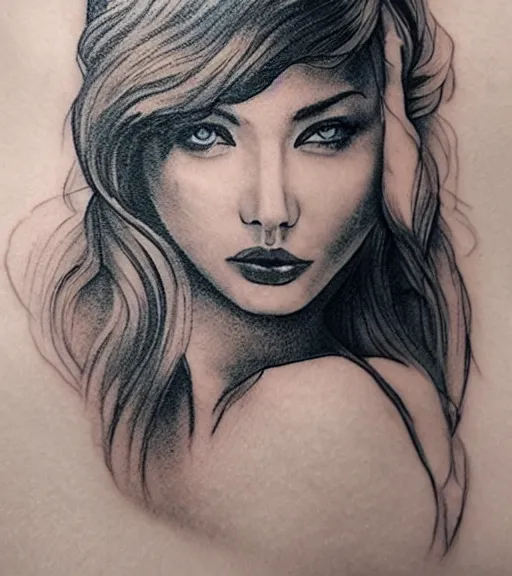 Image similar to a beautiful woman face against a background of beautiful mountains, tattoo design sketch, amazing blend effect, hyper - realistic, in the style of matteo pasqualin, amazing detail, black and white
