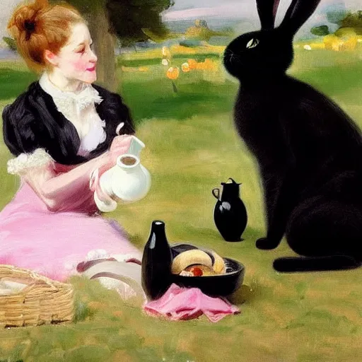 Prompt: a black cat having a picnic with a (bunny), the (bunny) has pink fur, the cat is drinking tea, highly detailed, painted by John Singer Sargent