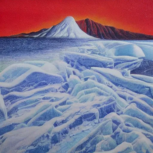 Prompt: horrific painting of an ice floe meeting magma!!!!!! in the middle, in the style of vintage photography, textured, skewed perspective, last photo ever taken, apocalyptic event, red color palette on left side and blue color palette on right side