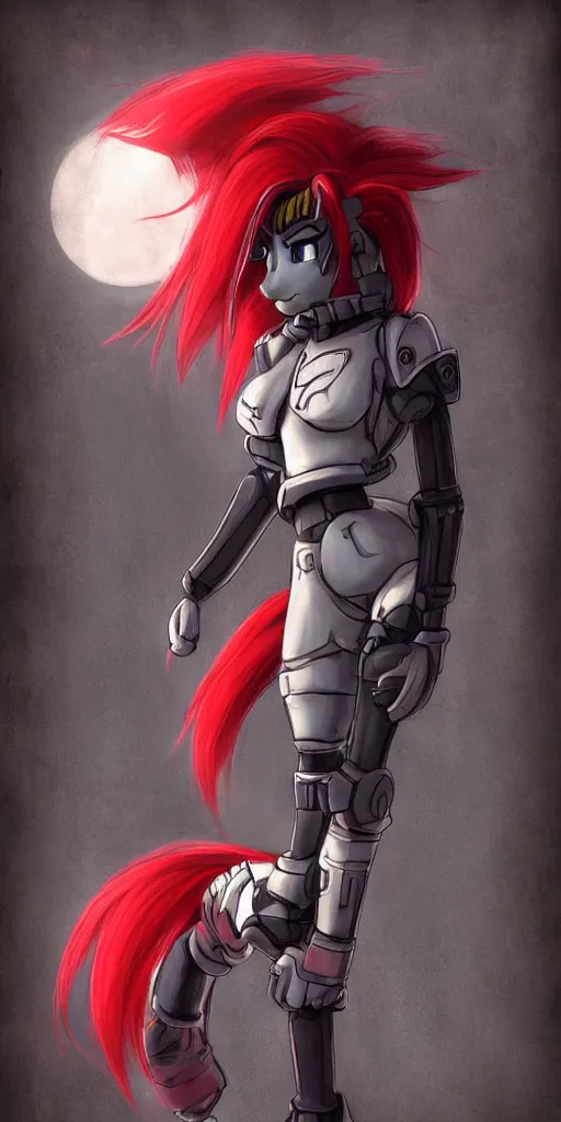 Image similar to Fallout Equestria Project Horizons | Blackjack Character Fanart | White MLP Unicorn Mare with red and black shaggy hair, and bright, robotic eyes. | Cutie Mark is: Ace and Queen of Spades | Trending on ArtStation, Digital Art, MLP Fanart, Fallout Fanart | Blackjack sitting and looking depressed at the viewer | Hyperrealistic CGI Photorealistic Cyborg Unicorn