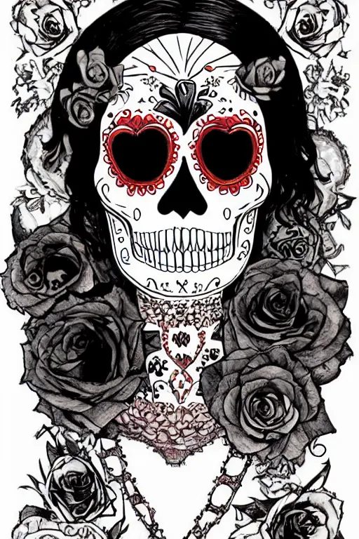 Prompt: illustration of a sugar skull day of the dead girl, art by akihiko yoshida