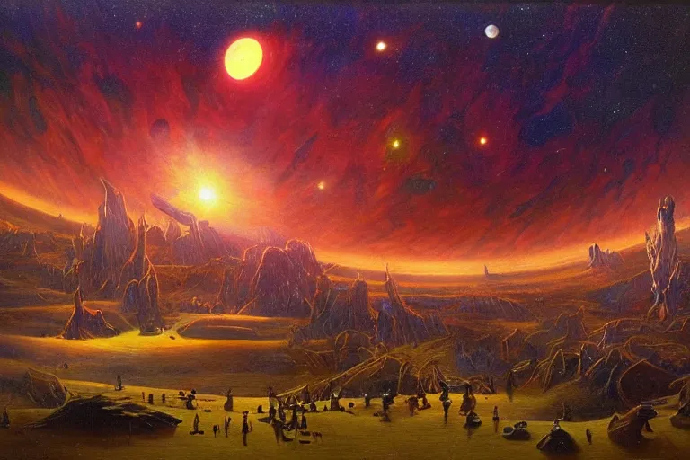 Image similar to miskatonic university big bang landscape in the style of dr. seuss,'2 0 0 1 a space odyssey ', painting by albert bierstadt