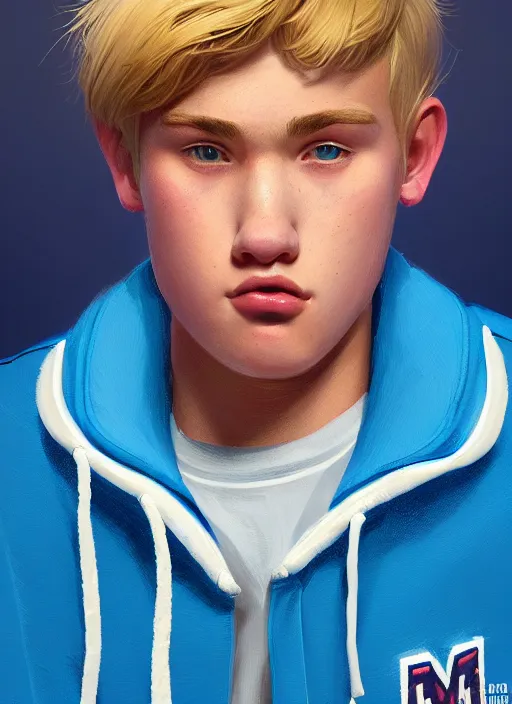 Image similar to portrait of high school senior boy named big moose, blonde short hair, jock, beefy, wide face, square jaw, square facial structure, blue varsity jacket with letter r, intricate, elegant, glowing lights, highly detailed, digital painting, artstation, concept art, sharp focus, illustration, art by wlop, mars ravelo and greg rutkowski