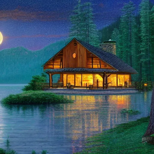 Prompt: Forested lakeside cabin at midnight with a crescent moon in the misty sky and mountains behind it in the style of Thomas Kinkade