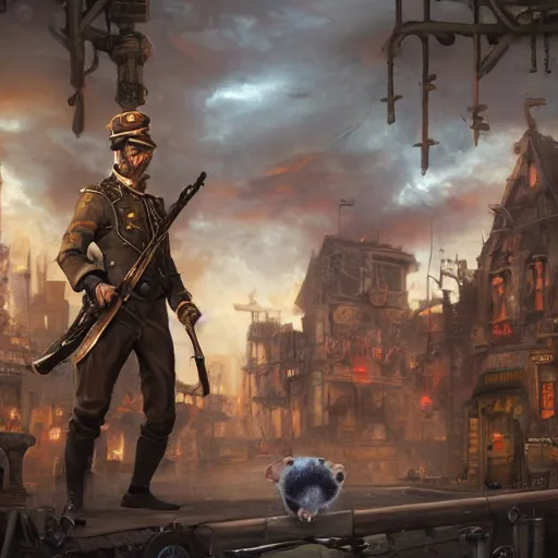 Image similar to oil painting of anthropomorphized hamster legion holding rifles, steampunk clothes, steampunk city background, sharp focus, fantasy style, octane render, volumetric lighting, 8k high definition, by greg rutkowski, highly detailed, trending on art Station, dungeons and dragons artwork, centered