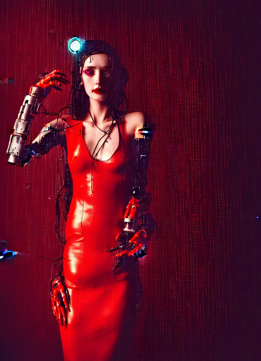 Prompt: woman, android, cyberpunk, artificial limbs, circuit, wires, mechanisms, tattoos, neon light, hard light, glamour, vogue photoshoot, fashion, long dress, red dress, raindrops, rain, wet, make - up, leaky make - up, red lipstick