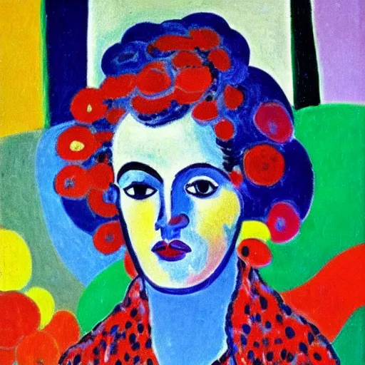 Prompt: an abstract portrait of a woman, pointillism, big brushstrokes, vivid colours, by Henri Matisse