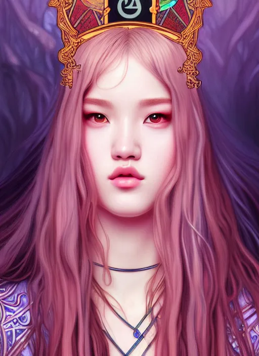 Image similar to jossi of blackpink, king, tarot card, highly detailed, digital painting, smooth, sharp focus, illustration, ultra realistic, 8 k, art by artgerm and alphonse mucha