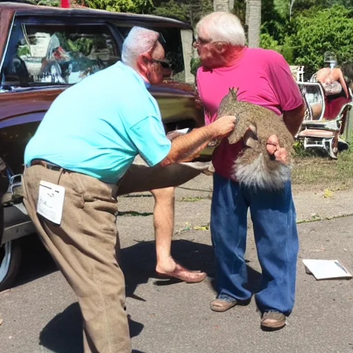 Prompt: old man being harassed by an angry squirrel at a yard sale photo