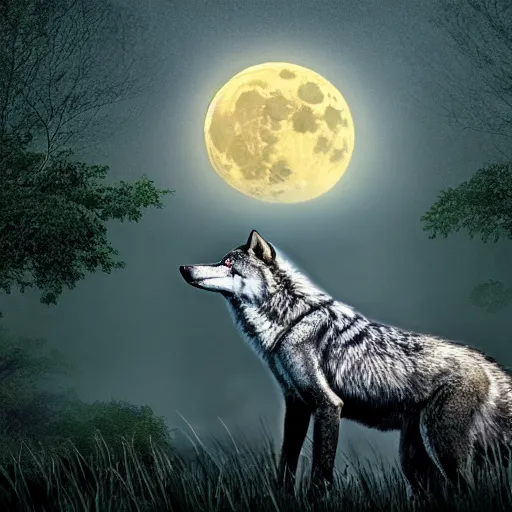 Prompt: photoshop of wolf with reptile scales instead of fur, a crocodile tail replacing the wolve's tail, photorealistic, yellowish moon overlooking misty swamp