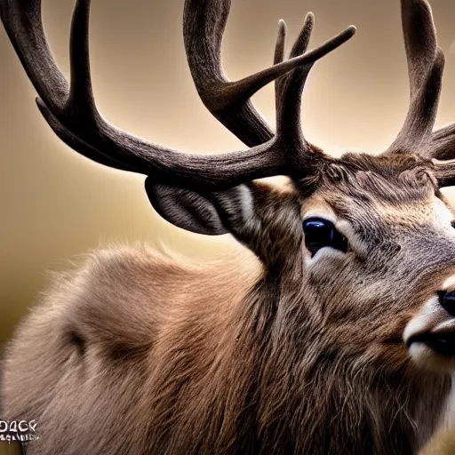 Prompt: photo of a stag with large antlers photography. national geographic. detailed face and fur, ultra hd, sharp. volumetric lighting, drawn by moebius and miyazaki hasselblad. nikon z 9. 1 0 0 mm. f / 2. 5