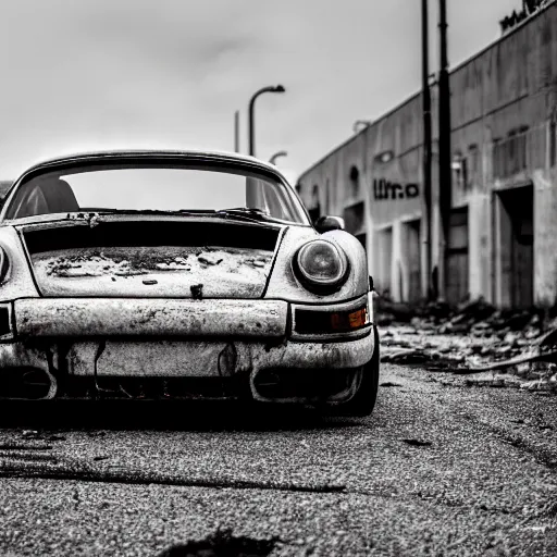 Image similar to black and white press photograph of a rusted abandoned porshe 9 1 1 on an empty abandoned city street, full view, detailed, natural light, mist, film grain, soft vignette, sigma 5 0 mm f / 1. 4 1 / 1 0 sec shutter, imax 7 0 mm footage