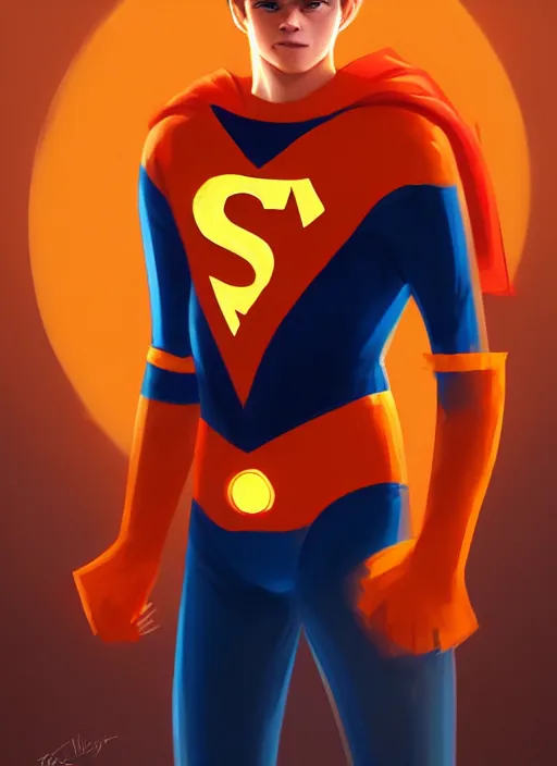 Image similar to kind teenage archie andrews wearing an orange superhero costume, superhero costume with heart emblem, cape, intricate, elegant, glowing lights, highly detailed, digital painting, artstation, sharp focus, illustration, art by wlop, mars ravelo and greg rutkowski