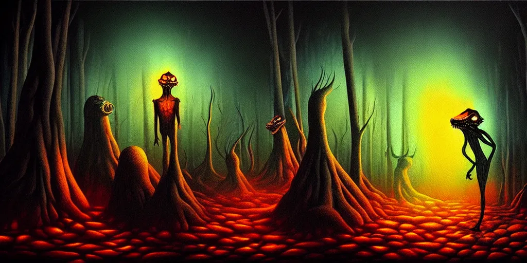 Image similar to creatures lurking in the collective unconscious, dramatic lighting from warm fire glow, in a dark surreal painting by ronny khalil