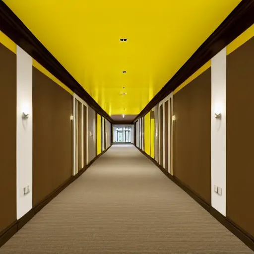 Image similar to a photo of an empty hallway with brown carpet, fluorescent lights and walls with yellow wallpaper on them