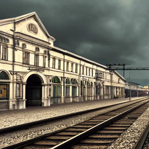 Prompt: Nineteenth-century railway station completely empty, realistic, high definition,