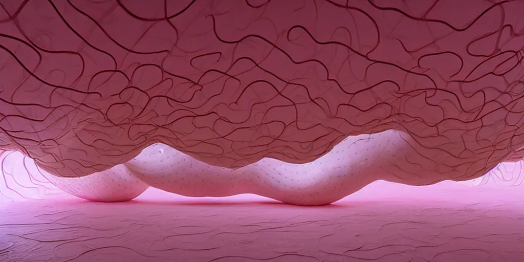 Image similar to biomorphic inflated latex structures by ernesto neto, light - mint with light - pink color, 4 k, insanely quality, highly detailed, film still from the movie directed by denis villeneuve with art direction by zdzisław beksinski, telephoto lens, shallow depth of field