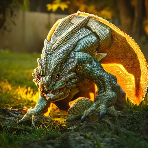 Image similar to real life Pokemon, creepy, scaly, menacing, realistic, golden hour, sharp focus