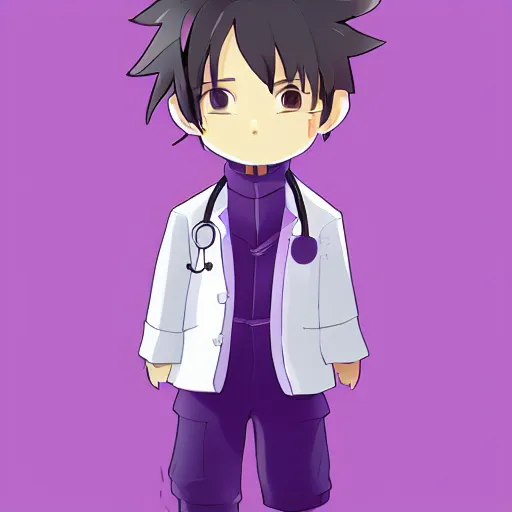 Image similar to cute little boy wearing an doctor suit, purple color palette, inspired in made in abyss and hirohiko araki, ray tracing, featured in pixiv