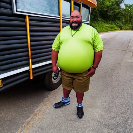 Image similar to overweight african american male school bus driver with dreads, wearing shorts with chubby legs, big moe, symmetric face, photo