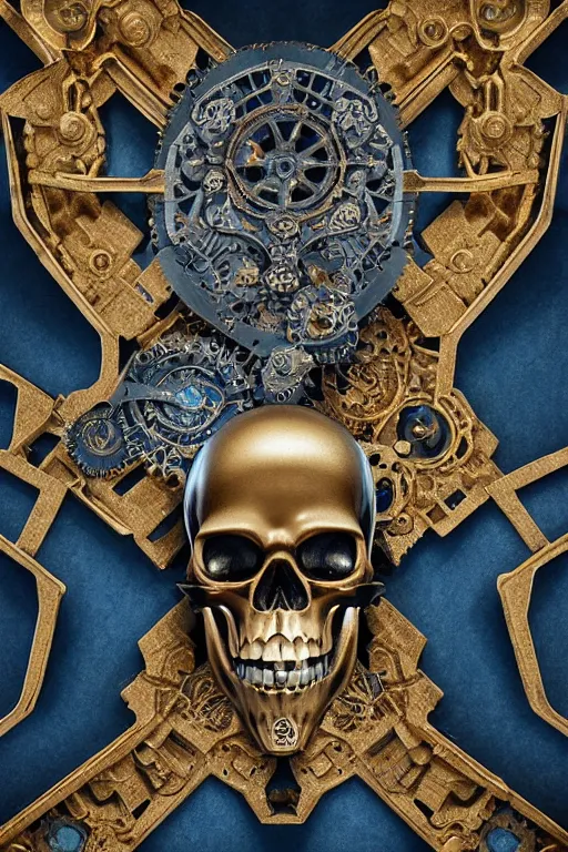Image similar to hyperrealistic 3 d render ultra detailed of a skull, art deco, steam punk, intricate gears details, hyperrealistic, volumetric lighting, ultra detailed, elegant, octane render, blue and gold, 8 k, trending on artstation, unreal engine