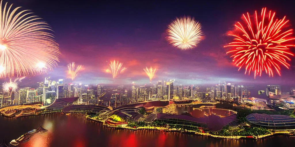 Image similar to Singapore city with a lion-shaped cloud in the sky and fireworks in the sky, by Studio Ghibli, red and white lighting, digital art, ultra realistic, ultra detailed, photorealistic, 4k, character concept