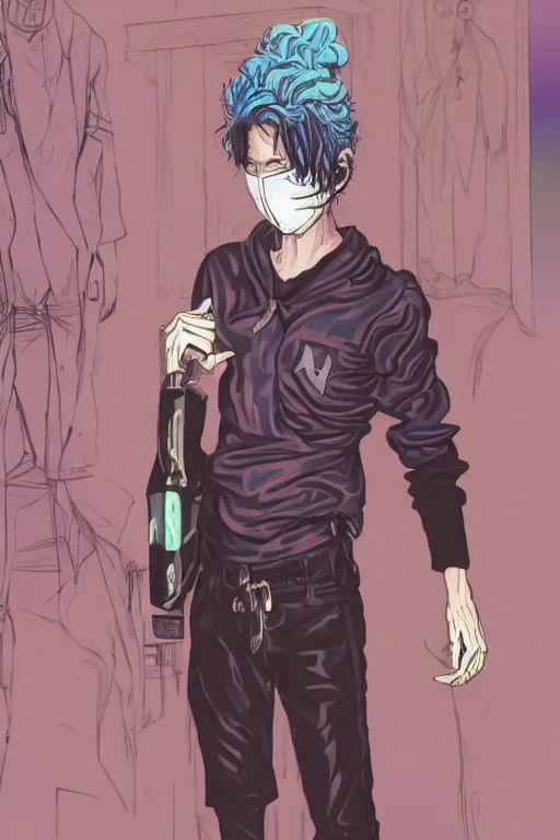 Image similar to a skinny goth guy wearing a face mask standing in a cluttered 9 0 s bedroom, full body character concept art, vaporwave colors, hirohiko araki art, inio asano art,