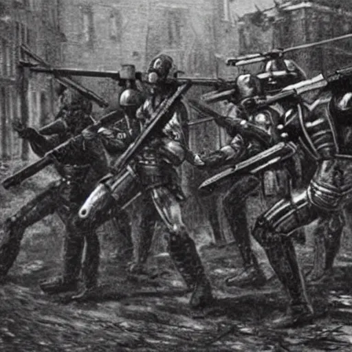 Image similar to grainy 1800s photo of a cybernetic warriors killing civilians in a city