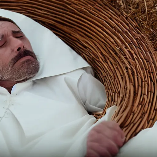 Image similar to close - up of a priest sleeping in a wicker coffin, cinematic shot, photo still from movie by ari aster