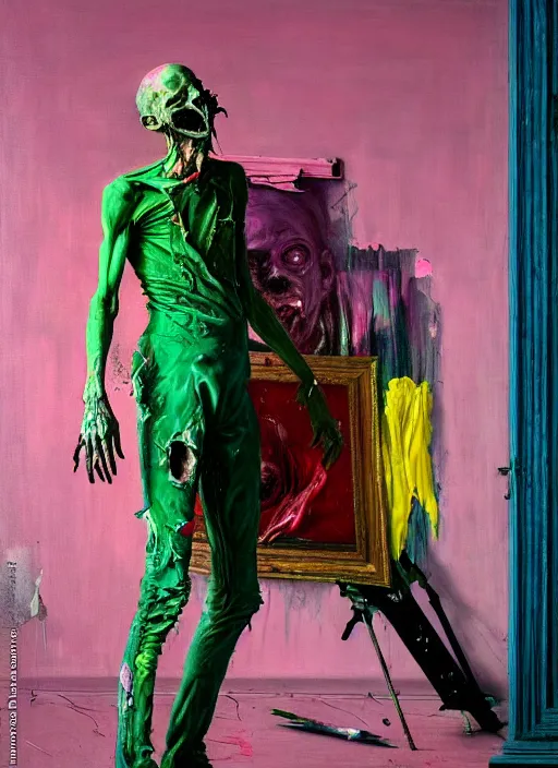 Image similar to an insane, skinny, artist wearing dirty, torn overalls, expressive painting the walls inside a grand messy studio, depth of field, hauntingly surreal, highly detailed painting by francis bacon, edward hopper, adrian ghenie, glenn brown, soft light 4 k in pink, green and blue colour palette, cinematic composition,