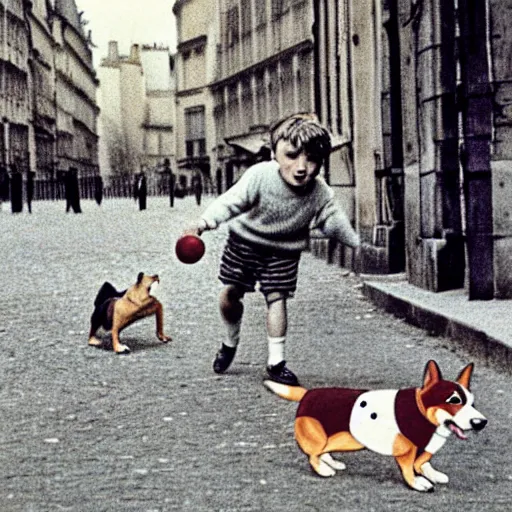 Image similar to book illustration of a french boy on the streets of paris playing football against a corgi, the dog is wearing a polka dot scarf, 1 9 6 6