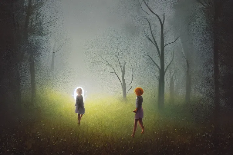 Image similar to giant daisy flower as face, girl walking in forest, surreal photography, dark night, stars, moon light, impressionist painting, clouds, digital painting, artstation, simon stalenhag