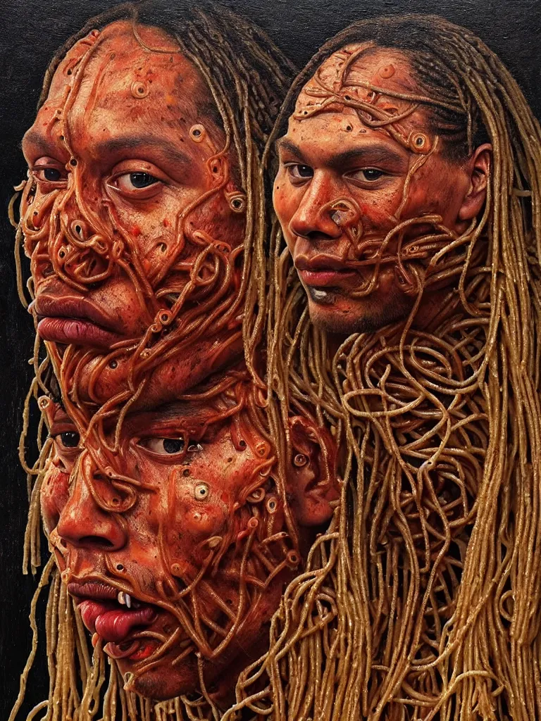 Image similar to virgil van dijk made of spaghetti, by giuseppe arcimboldo and ambrosius benson, renaissance, intricate and intense oil paint, a touch of beksinski and hr giger and edward munch, realistic