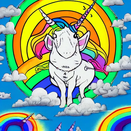 Prompt: trippy comic art of a unicorn horned pig with white wings sleeping on a rainbow in the sky with white clouds, drawn by Martin Rowson, Tim Burton, Studio Ghibli, Alex Pardee, Nekro Petros Afshar, James McDermott, colors by lisa frank, unstirred paint, vivid color, cgsociety 4K