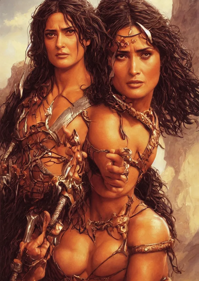 Prompt: young Salma Hayek as a barbarian from conan, detailed, centered, digital painting, artstation, concept art, donato giancola, Joseph Christian Leyendecker, WLOP, Boris Vallejo, Breathtaking, 8k resolution, extremely detailed, beautiful, establishing shot, artistic, hyperrealistic, beautiful face, octane render