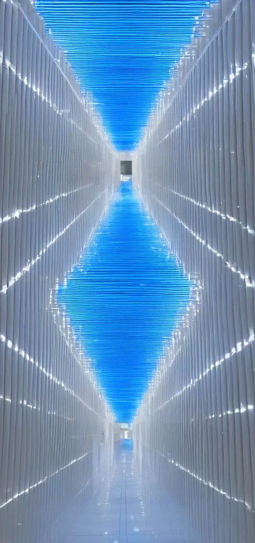 Image similar to an infinite white hallway with white pipes and blue screens on its walls