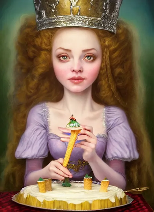 Image similar to highly detailed closeup portrait of a grinning irish fairytale medieval princess eating birthday cake, unreal engine, nicoletta ceccoli, mark ryden, lostfish, earl norem, global illumination, god rays, detailed and intricate environment