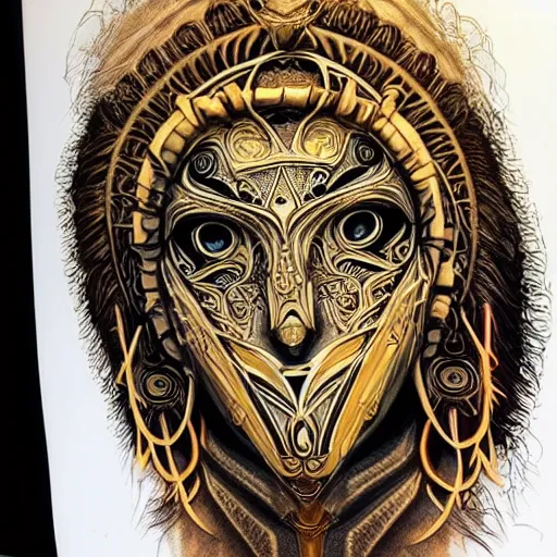 Image similar to ancient hybrid majestic praying shaman fantasy cyber human beautiful symmetrical face mask closeup face mask tattoo pattern golden ratio concept, deep forest psytrance Neo-Gothic concept, infinity glyph waves, intricate artwork masterpiece, very coherent artwork, cinematic, full frontal facial features by Artgerm