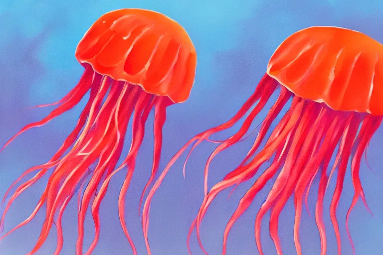 Image similar to painting of a red jellyfish in the deep sea alone, focus on pink jellyfish, dark background, arcylic,