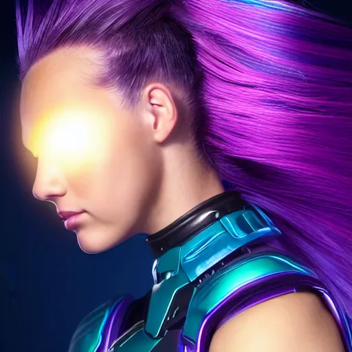 Image similar to a stunning upper body portrait of a beautiful young woman wearing futuristic navy blue and teal battle bodyarmor with pauldrons and inset glowing fine neon lines and ombre purple and pink hairstyle with hair blowing in the wind, by marvel comics, highly detailed, fine detail, intricate, digital art, trending on artstation