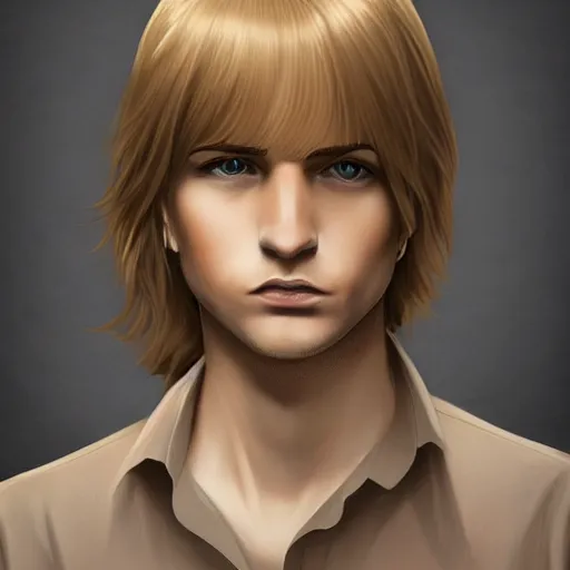 Image similar to a young blond man with long hair wearing a brown shirt, clean shaved, a character portrait by lydia field emmet, trending on cg society, photorealism, wiccan, handsome, ilya kuvshinov