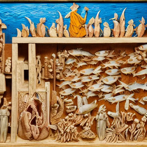 Image similar to Retablo del Mar (Altarpiece of the Sea). The most important work of Sebastian Miranda, depicts scenes of the populous fish market of Gijón, carved on a wooden board. Hyper detailed featured in artstation