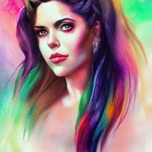 Image similar to marina diamandis, trending on arstation, by vanessa lemena dn charlie bowater, colorful pastels watercolor artwork painting