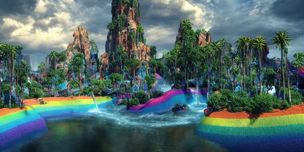 Image similar to a octane render of a landscape with a epic city and aquamarine coloured gras beautiful trees made from gold and rainbow liquid waterfalls and marvel hell riders with rainbow flames as citizen hollywood style, by waya steurbaut entertainment, dark, intricate, highly detailed, smooth, artstation, high resolution film render 100k, photo realistic style, epic, colourful, close up shot, 3D