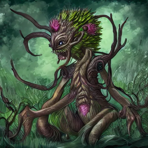 Image similar to A humanoid plant monster, highly detailed, digital art, sharp focus, trending on art station, thistle, anime art style