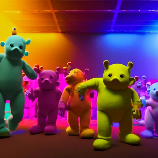 Image similar to hyperrealistic film still of teletubby rave, stunning 3 d render, neon cyberpunk cinematic lighting, 8 k octane comprehensive render, extremely hyper - detailed, incredibly realistic, intricate, masterpiece