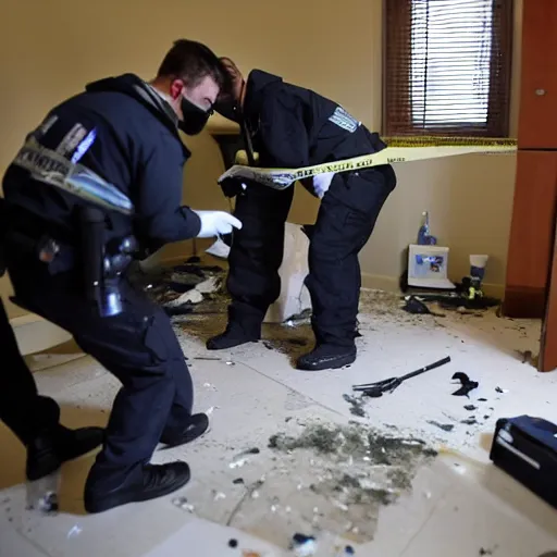 Image similar to Several forensic agents collecting evidence at a crime scene in the living room of an apartment