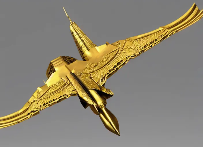 Prompt: a 3 d model of a golden fighter jet with swan wings with ornate rococo patterns