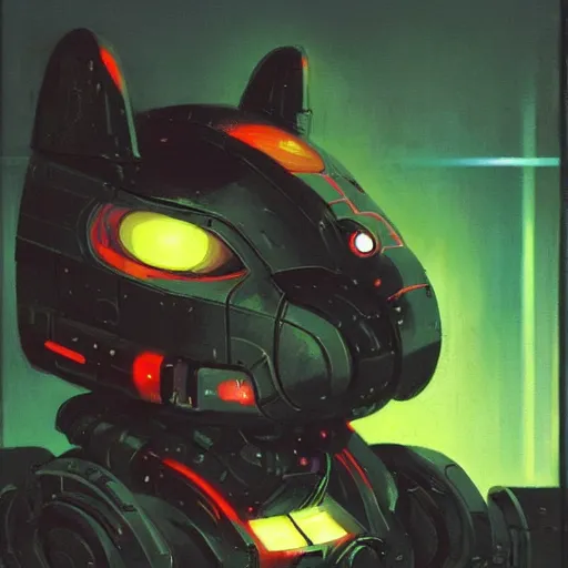 Prompt: a dark and colorful close - up of a sci - fi mecha cat robot with led lights glowing fog in the background. highly detailed science fiction painting by norman rockwell, frank frazetta, and syd mead. rich colors, high contrast, gloomy atmosphere, dark background. trending on artstation